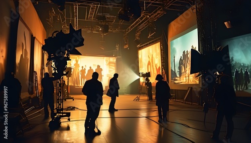 Vibrant Retro Movie Set with Silhouettes Filming, Behind the Scenes Action, Dramatic Stage Artwork, and Illuminating Lights