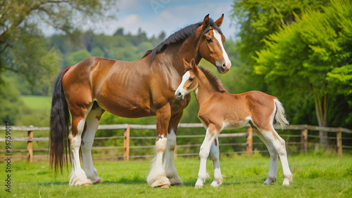 Clydesdale mare bonding with playful foal in a pasture, Clydesdale, mare, nuzzling, playful, foal, bonding, pasture, horses, animal