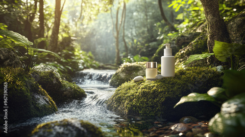 skin care products placed on mossy stones in the forest next to a flowing stream, green plants and trees, mockup for advertise