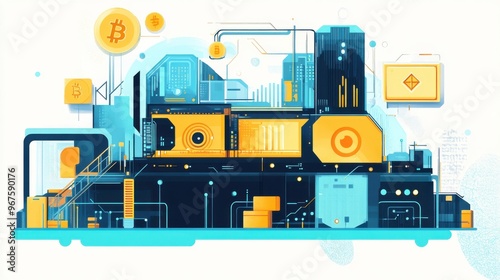 A modern illustration of a cryptocurrency mining facility, showcasing advanced technology and vibrant colors representing blockchain.