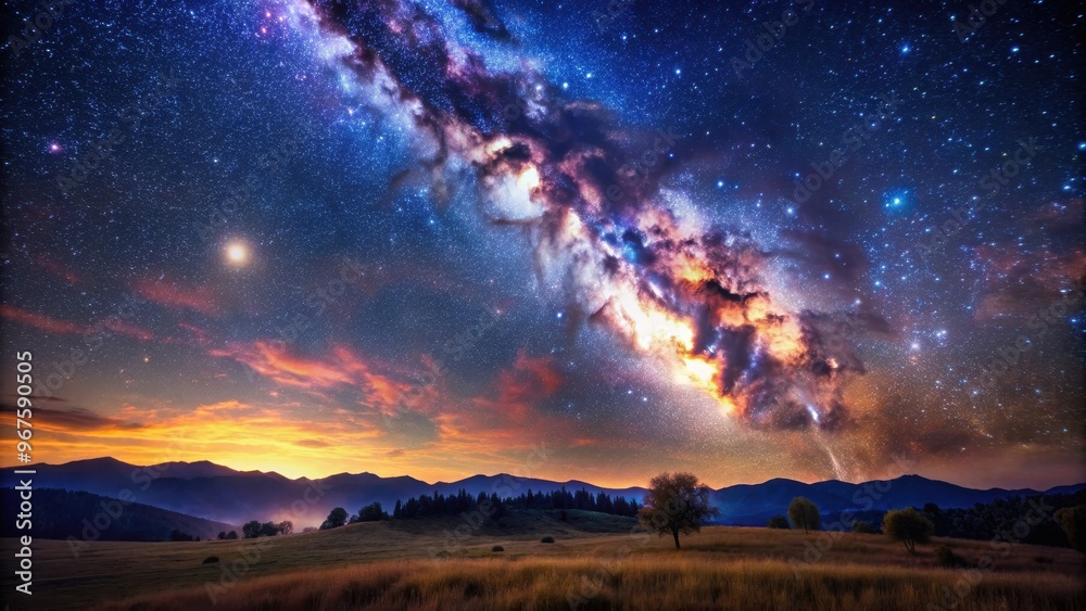 Fototapeta premium Beautiful landscape under a starry night sky filled with galaxies and stars, landscape, night sky, stars, galaxy