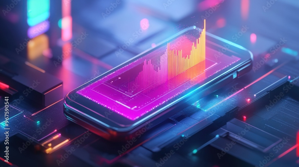 A modern smartphone displaying a vibrant data graph, surrounded by colorful digital elements, symbolizing technology and analytics. A modern smartphone displaying a vibrant data graph, surrounded by colorful digital elements, symbolizing technology and analytics.