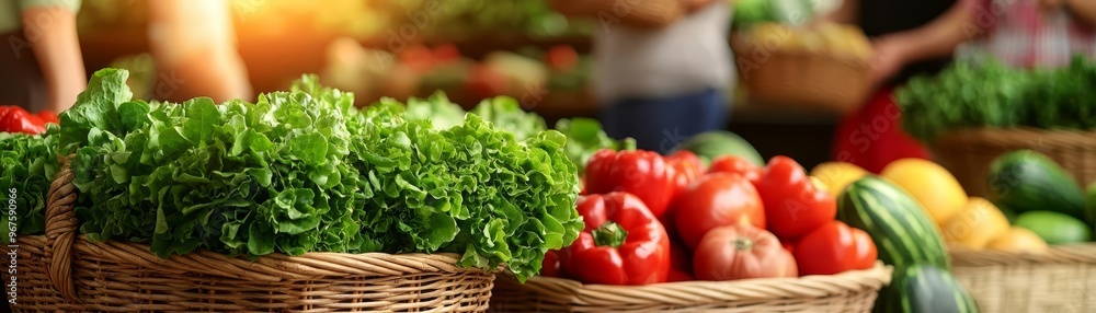 Fresh produce in rustic market aisles, organic greens, diverse customers with baskets, warm lighting enhancing earthy tones Fresh produce in rustic market aisles, organic greens, diverse customers with baskets, warm lighting enhancing earthy tones