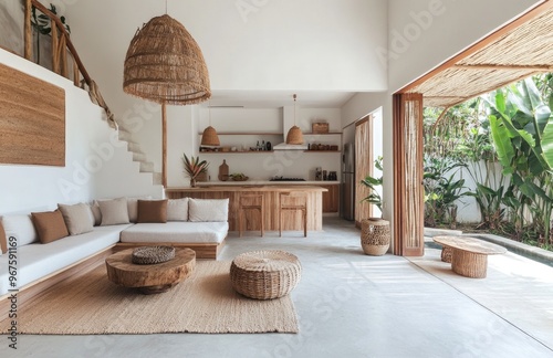 A small hotel kitchen and lounge area with rustic wooden beams on the ceiling, white walls, concrete floors, tropical plants. Created with Ai