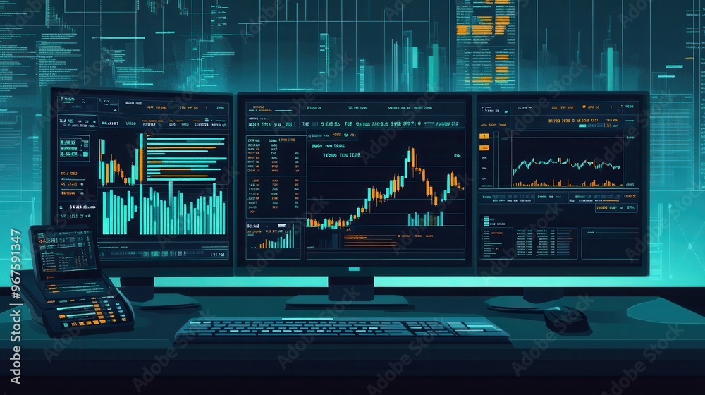 A modern workspace featuring multiple monitors displaying financial data and stock market trends in a sleek, high-tech environment. A modern workspace featuring multiple monitors displaying financial data and stock market trends in a sleek, high-tech environment.