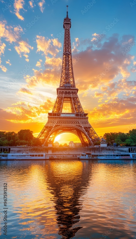 Naklejka premium Eiffel Tower at Sunrise, Paris. Golden Sky Reflection in Seine River, Cityscape Landmark