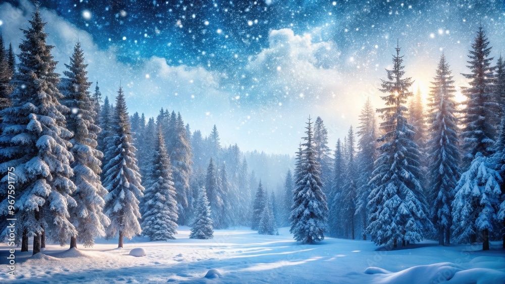 Fototapeta premium Snow gently falling in a forest creating a peaceful winter scene, snowfall, snowflakes, winter, nature, serene, tranquil, beauty