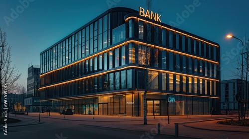 Modern bank building with illuminated sign in the evening BANK