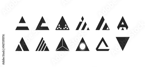 Modern vector set of abstract geometric shapes featuring triangle icons, perfect for creative illustration and design projects that require a unique and stylish geometric aesthetic.