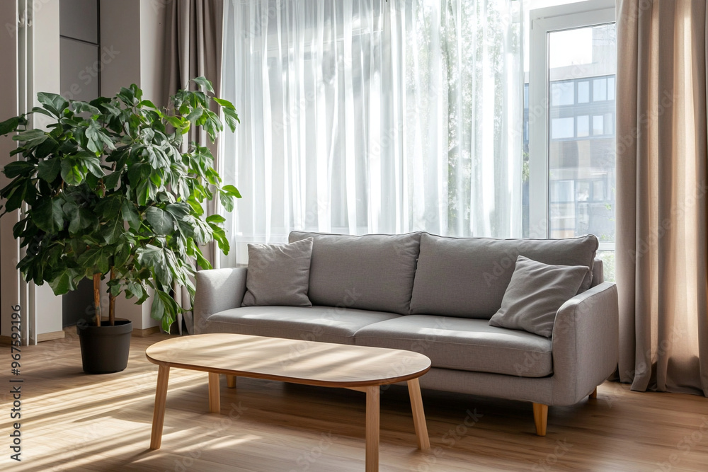 A modern Scandinavian interior photo of a living room with a sofa and table. Generative AI
A modern Scandinavian interior photo of a living room with a sofa and table. Generative AI