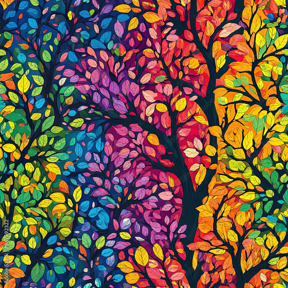 Colorful trees display an array of autumn leaves in vibrant patterns. Seamless pattern. Colorful trees display an array of autumn leaves in vibrant patterns. Seamless pattern.