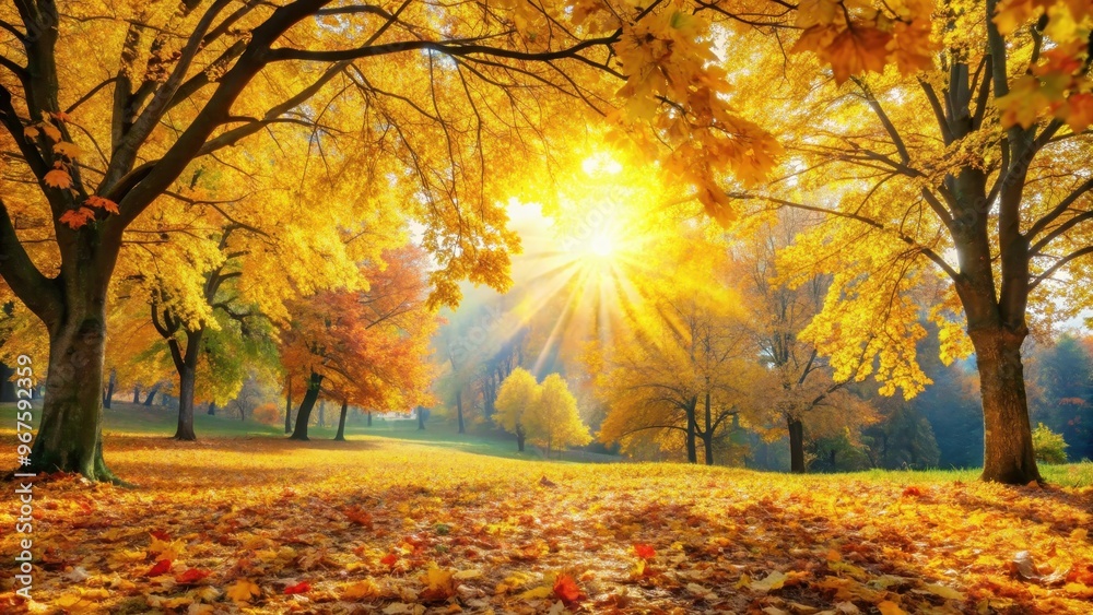Fototapeta premium Beautiful autumn landscape with yellow trees and sun, colorful foliage in the park, falling leaves natural background