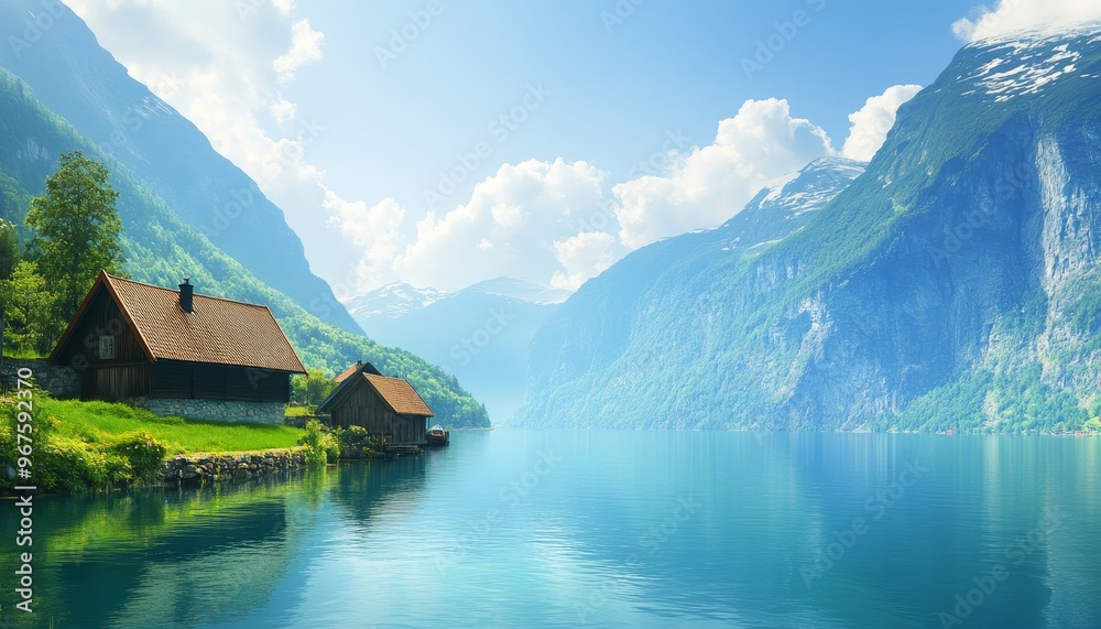 Obraz premium Scenic Norway Tranquil Fjord Waters Reflecting Majestic Mountains and Charming Wooden Houses