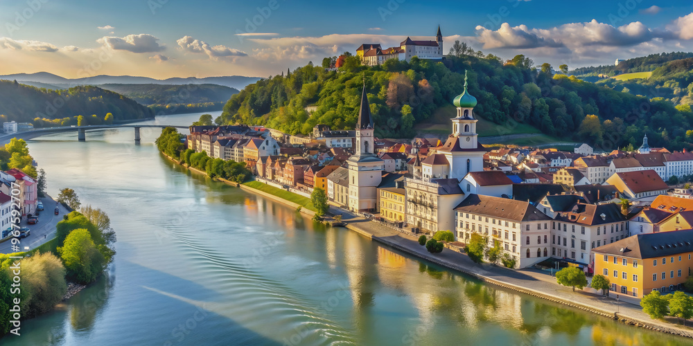 Fototapeta premium Scenic view of Passau Drei Fl?sse Eck where three rivers meet , Passau, Germany, Drei Fl?sse Eck, rivers