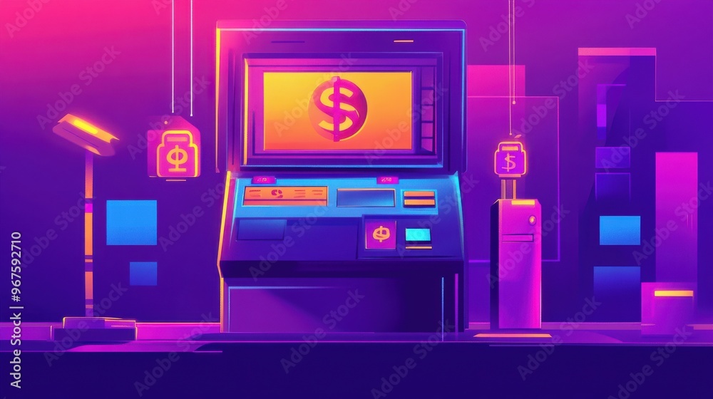 A vibrant ATM illustration in neon colors, representing modern digital finance and technology in a futuristic setting. A vibrant ATM illustration in neon colors, representing modern digital finance and technology in a futuristic setting.