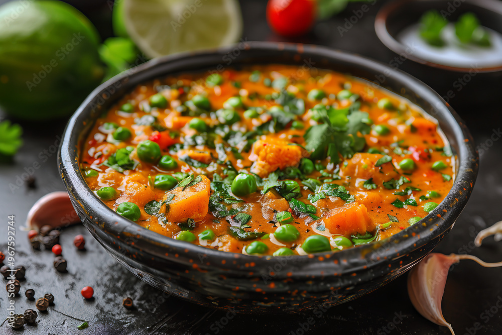 Pea and Potato Curry made with green peas, potatoes, onions, tomatoes, and aromatic spices like cumin, coriander, and turmeric. Pea and Potato Curry made with green peas, potatoes, onions, tomatoes, and aromatic spices like cumin, coriander, and turmeric.