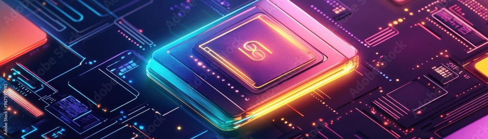 A vibrant close-up of a microchip, featuring neon lights and intricate circuitry, symbolizing advanced technology and innovation. A vibrant close-up of a microchip, featuring neon lights and intricate circuitry, symbolizing advanced technology and innovation.