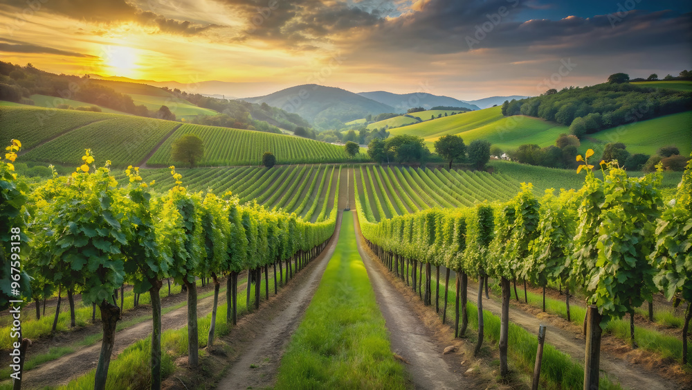 Fototapeta premium Beautiful landscape with rows of grapevines in a lush vineyard , vineyard, agriculture, rural, winemaking, scenic, countryside