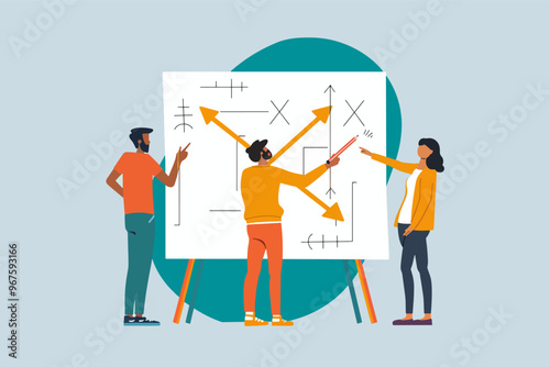 Diverse group collaborating on whiteboard strategy, illustrating teamwork and creative problem-solving in modern business environment.