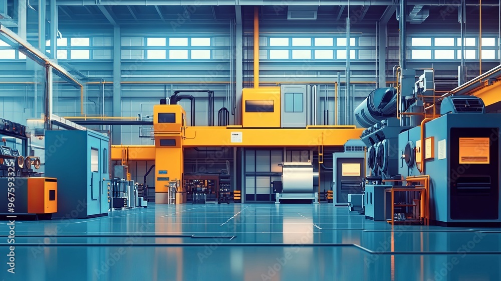 Industrial Factory Interior with Machinery and Yellow Crane Industrial Factory Interior with Machinery and Yellow Crane
