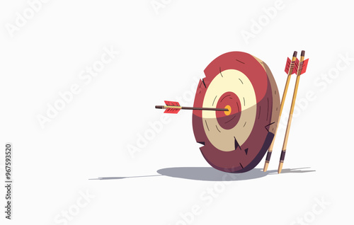 Cartoon style archery target with one arrow hitting the center and two spare arrows, symbolizing precision, goal achievement, and strategic focus.