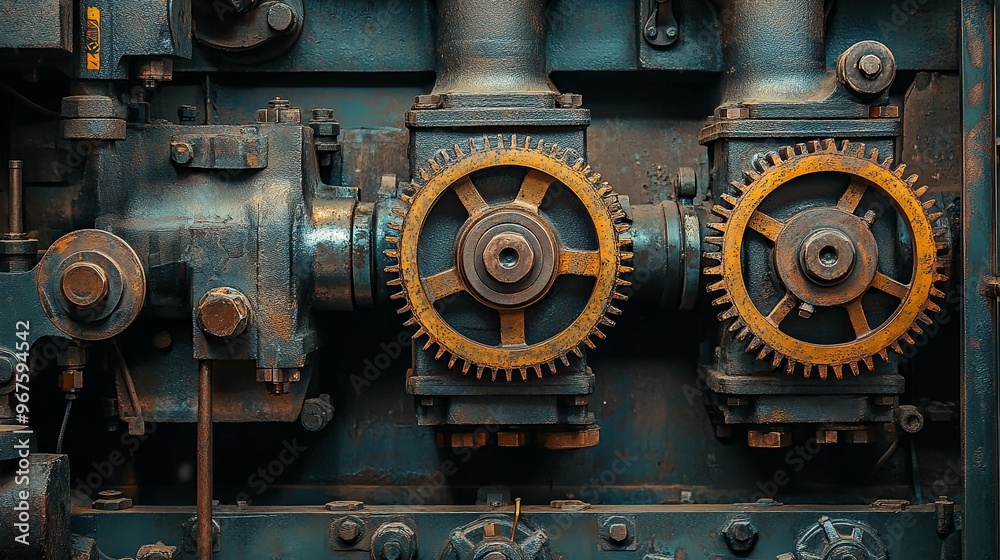 Close-up of two rusty gears on an industrial machine Close-up of two rusty gears on an industrial machine