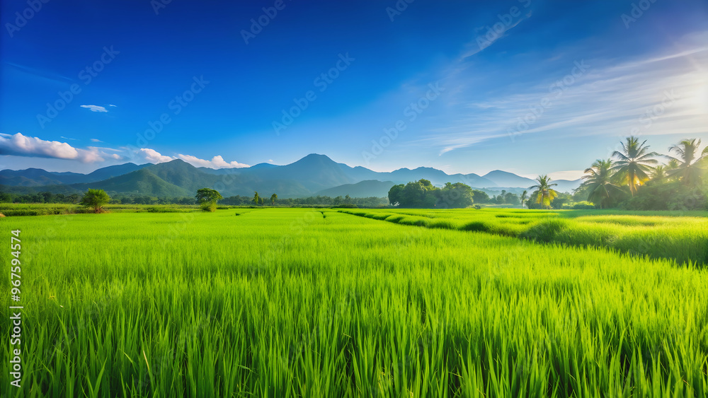 Vibrant green rice field under a clear blue sky in the summer , agriculture, farming, crop, nature, growth, lush, rural Vibrant green rice field under a clear blue sky in the summer , agriculture, farming, crop, nature, growth, lush, rural