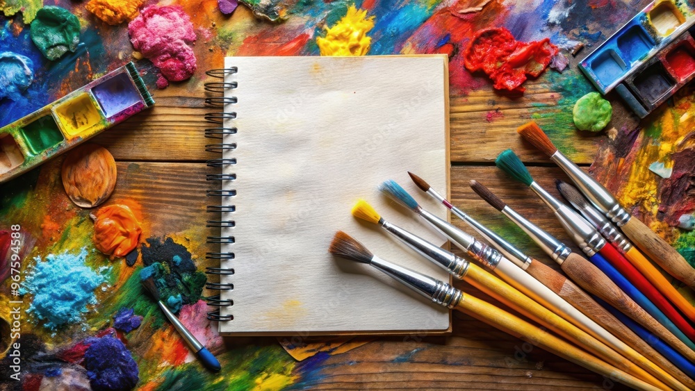 Obraz premium A close-up shot of an artist's sketchbook with colorful paint strokes and paintbrushes scattered around , paint