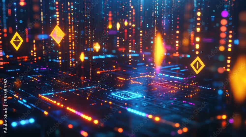 A vibrant digital landscape featuring glowing patterns, symbols, and colorful lights, representing advanced technology and creativity.