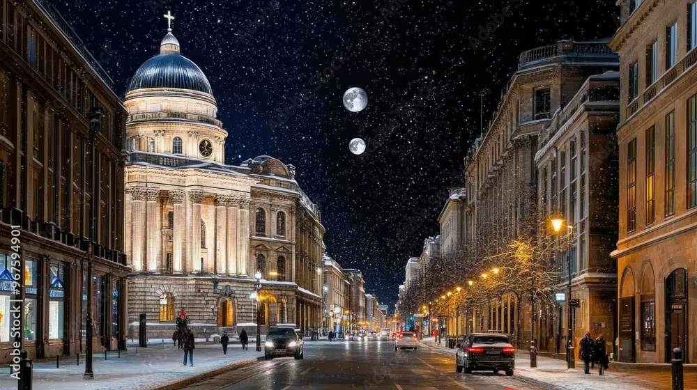 Fototapeta premium Under a radiant full moon, the Cathedral of St. Petersburg glows as snowflakes dance through the air, while couples stroll along warmly lit streets blanketed in snow