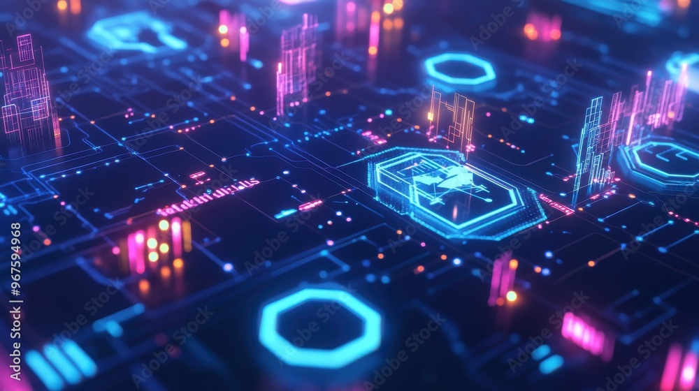 A vibrant digital landscape showcasing neon grids and abstract structures, ideal for technology and futuristic themes. A vibrant digital landscape showcasing neon grids and abstract structures, ideal for technology and futuristic themes.