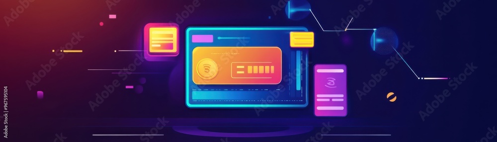 A vibrant digital representation of a credit card and online payment interface, ideal for finance and technology themes. A vibrant digital representation of a credit card and online payment interface, ideal for finance and technology themes.