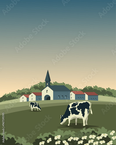 Cows grazing on the lawn poster, banner, postcard, France poster