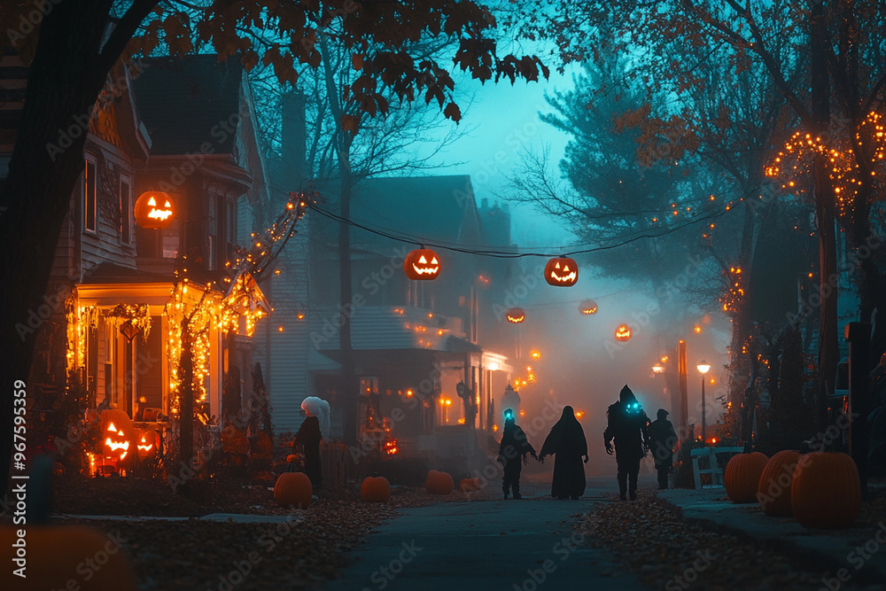 A spooky Halloween street scene, decorated houses with glowing pumpkins and ghostly figures, a foggy atmosphere, people in costumes asking for tricks, darkness and mystery with festive lights. A spooky Halloween street scene, decorated houses with glowing pumpkins and ghostly figures, a foggy atmosphere, people in costumes asking for tricks, darkness and mystery with festive lights.