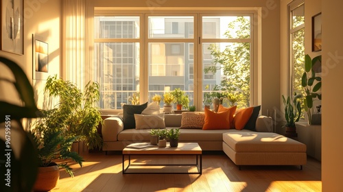 A spacious and inviting minimalistic living room filled with natural light streaming through large, grid-patterned windows.