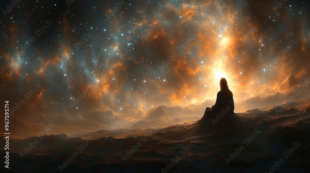 A solitary figure sits beneath a vast starry sky pondering the mysteries of existence and the meaning of life. A solitary figure sits beneath a vast starry sky pondering the mysteries of existence and the meaning of life.