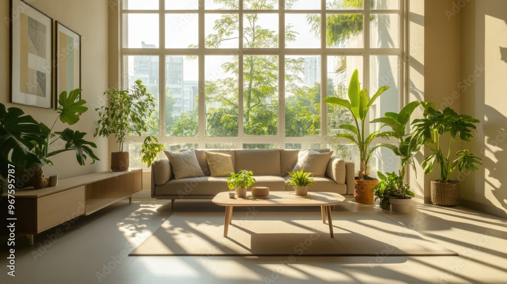 Fototapeta premium A spacious and inviting minimalistic living room filled with natural light streaming through large, grid-patterned windows.