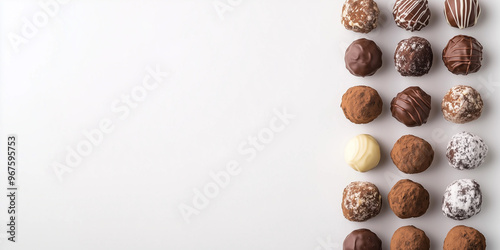 Classic truffles placed vertically along the right side, forming a visual line towards the center