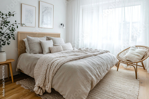 A photo of the mid-century modern interior of a residential bedroom with curtains and a fluffy bed. Generative AI 