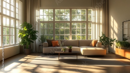 A spacious and inviting minimalistic living room filled with natural light streaming through large  grid-patterned windows.