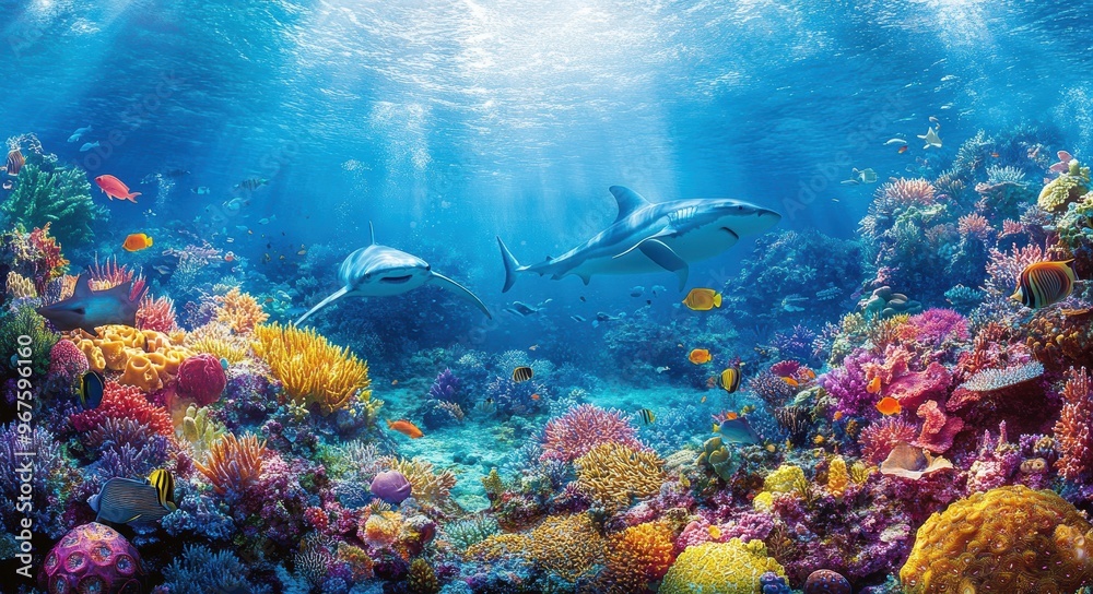 Fototapeta premium Underwater Paradise: Sharks, Corals, and a Colorful Ocean