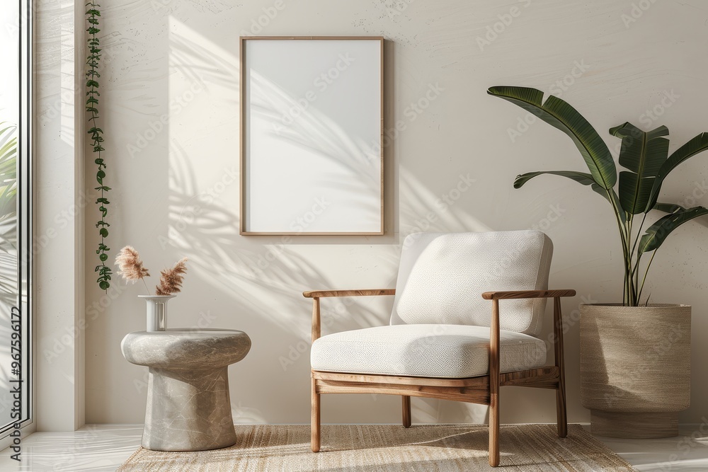 Modern interior mockup with white armchair and stone side table, blank wall art frame on light beige background, minimalistic decor. Modern interior mockup with white armchair and stone side table, blank wall art frame on light beige background, minimalistic decor.