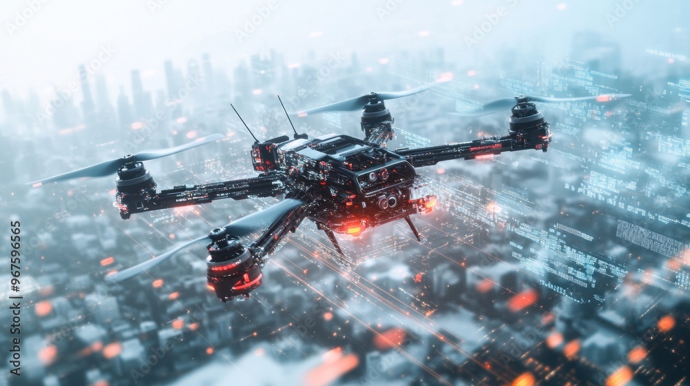 Drone Flying Over Futuristic Cityscape