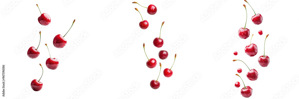 falling ripe sour cherries on white background, full depth of field,transparent background falling ripe sour cherries on white background, full depth of field,transparent background