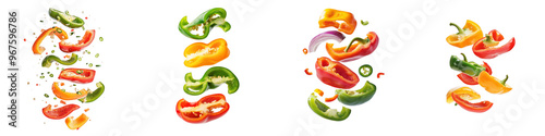 falling bell pepper slices on white background,transparent background
