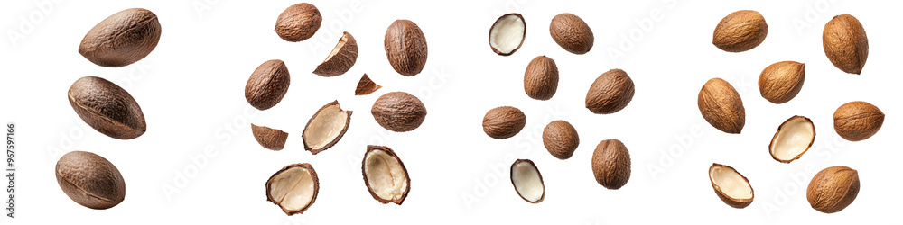 falling ripe coco de mer nuts on white background, full depth of field, transparent background falling ripe coco de mer nuts on white background, full depth of field, transparent background