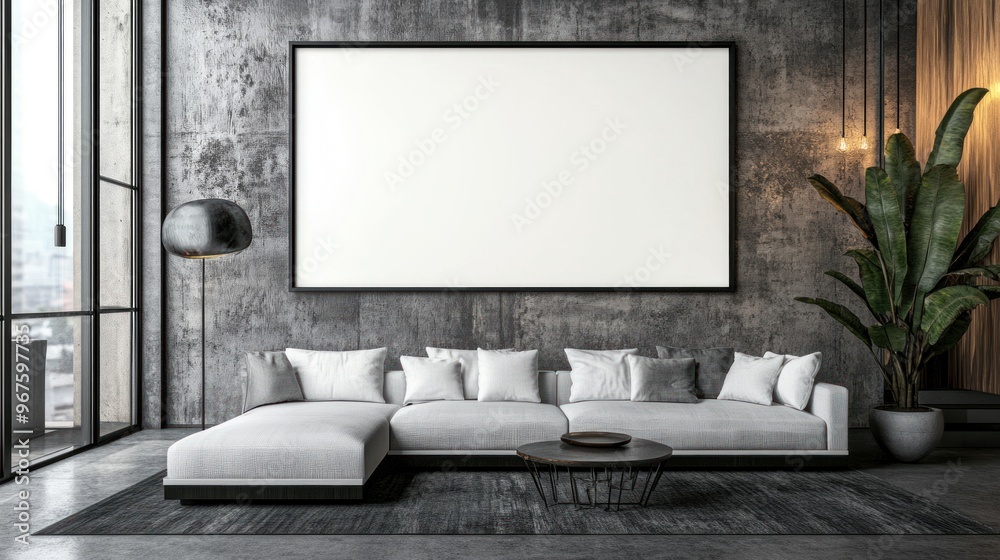Modern Living Room with Concrete Wall and White Sofa Modern Living Room with Concrete Wall and White Sofa