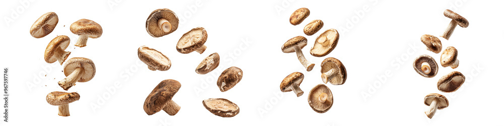 falling dried shiitake mushrooms on white background, transparent background falling dried shiitake mushrooms on white background, transparent background