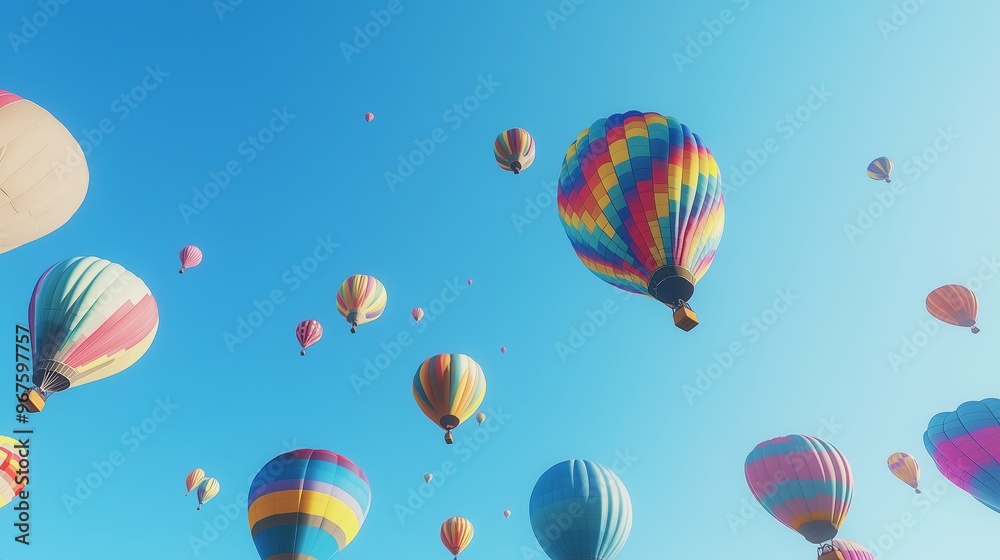Obraz premium Colorful hot air balloons drifting in a clear blue sky during a sunny day at a vibrant festival
