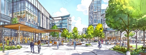 A concept sketch of the city center with modern buildings and green spaces, showcasing sustainable urban development